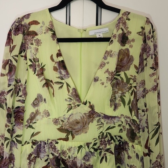 FOURTEENTH PLACE Ella Long Sleeve Chiffon Tiered Maxi dress in yellow bouquet XL - Picture 5 of 16